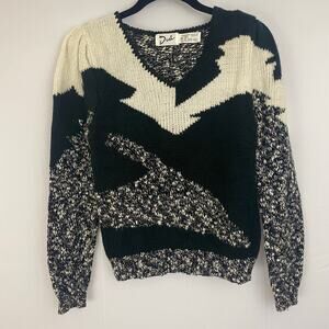 Vintage Duet Small 80s Black White Wool Blend Knit Sweater Retro Puff Sleeve